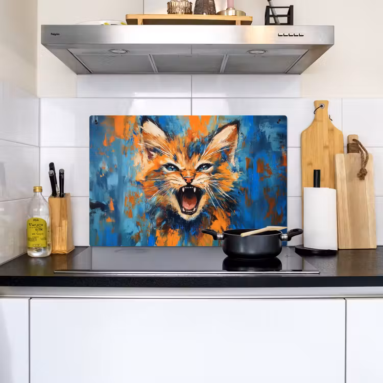 Kat - Kleurrijk - Oranje - Blauw Inductie beschemer met haakjes klein -sfeer2