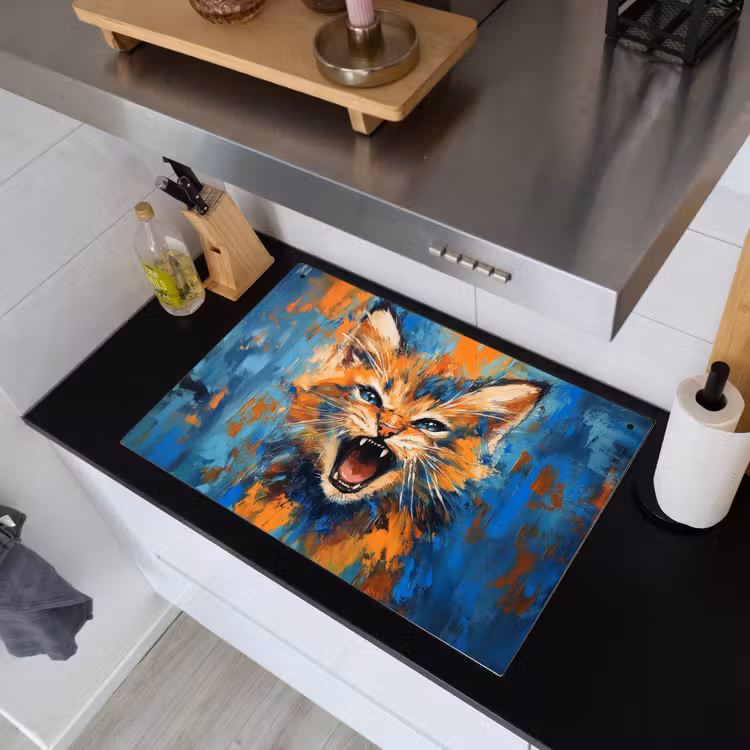 Kat - Kleurrijk - Oranje - Blauw Inductie beschemer met haakjes klein -sfeer1