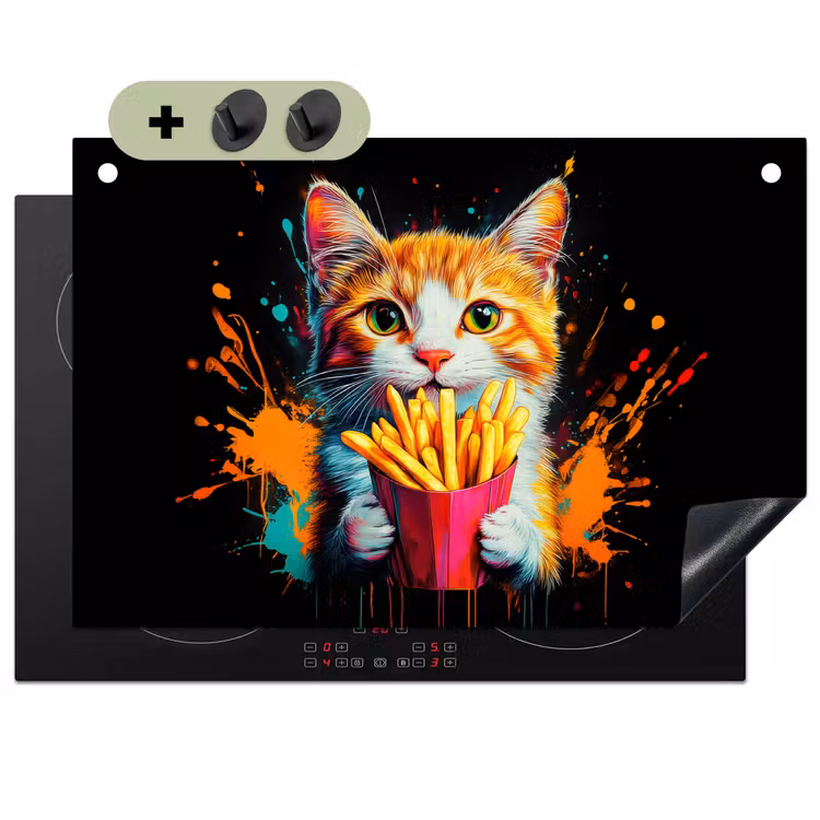 Kat - Eten - Patat - Graffiti - Abstract Inductie beschemer met haakjes klein -3d