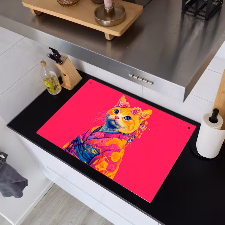Kat - Kimono - Bloemen - Roze Inductie beschemer met haakjes klein -sfeer1