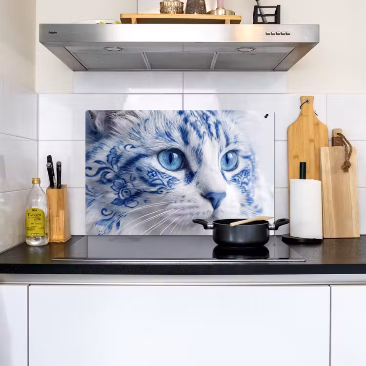 Kat - Patroon - Blauw Inductie beschemer met haakjes klein -sfeer2