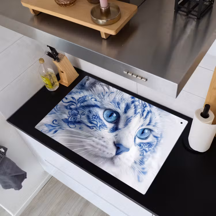 Kat - Patroon - Blauw Inductie beschemer met haakjes klein -sfeer1