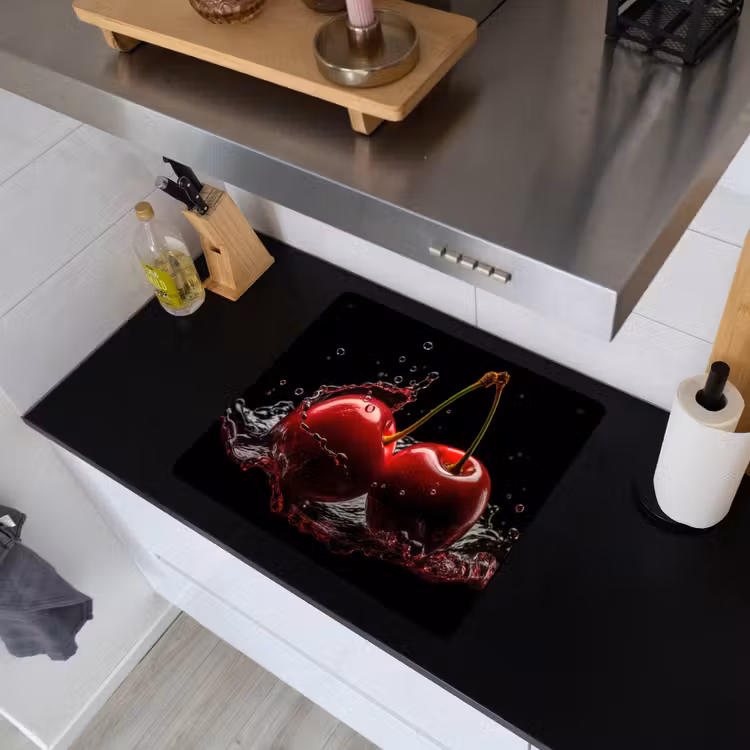 Kersen - Rood - Fruit - Water - Zwart Inductie beschemer met haakjes middel -sfeer1