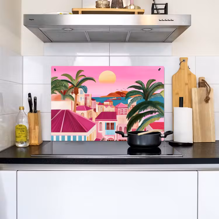 Stad - Roze - Palmbomen Inductie beschemer met haakjes klein -sfeer2