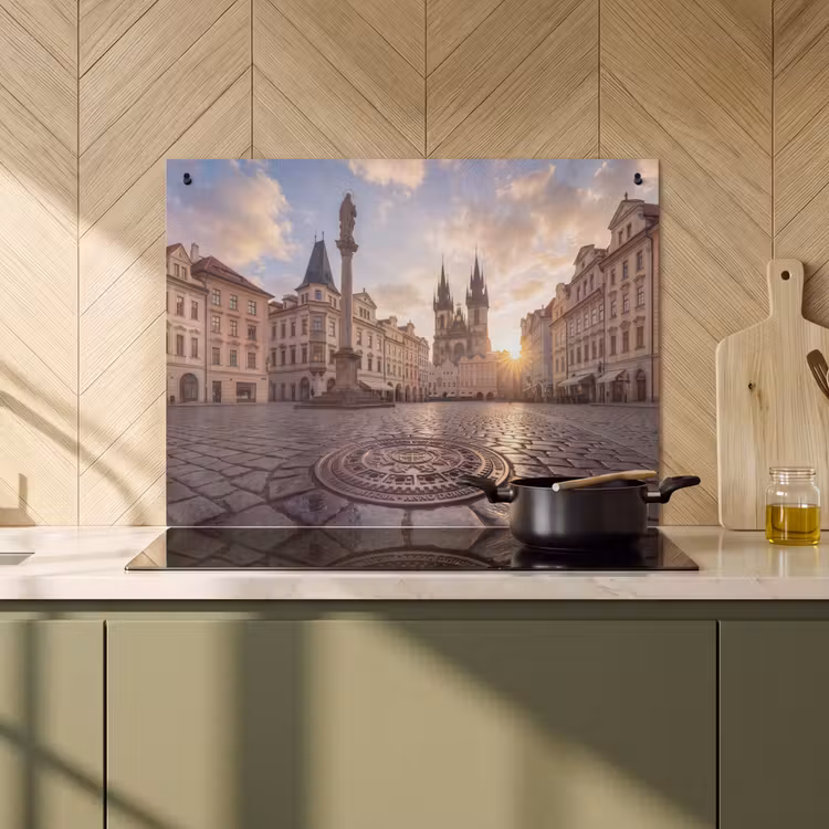 Stad - Praag - Ochtend - Architectuur - Goud Inductie beschemer met haakjes klein -sfeer2