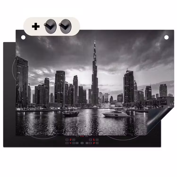 Stad - Skyline - Architectuur - Avond - Zwart-wit Inductie beschemer met haakjes klein -3d