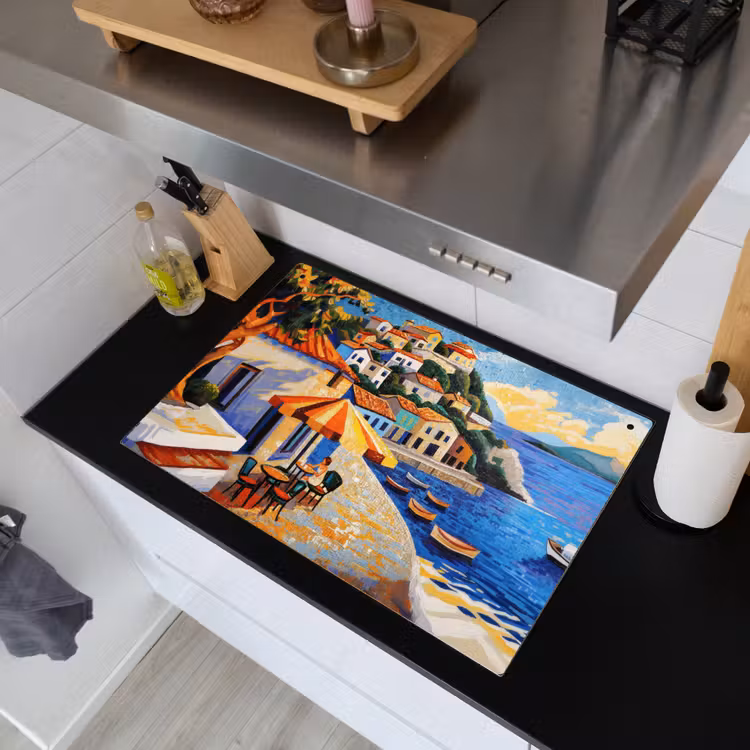 Kustdorp - Huisjes - Mozaïek - Zee Inductie beschemer met haakjes klein -sfeer1