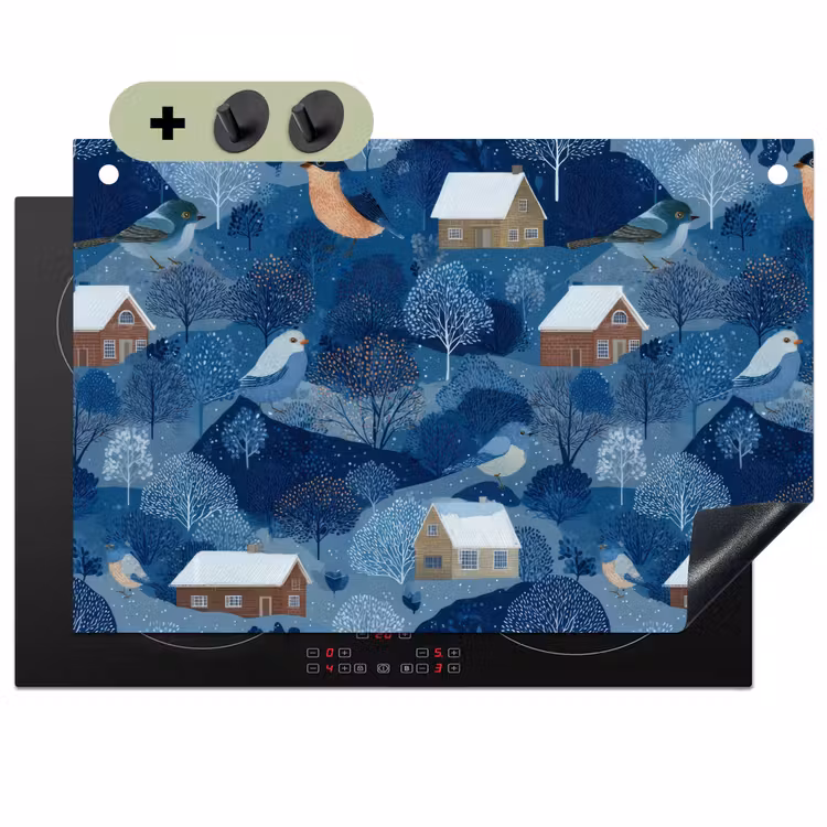 Huisjes - Vogels - Sneeuw - Winter - Blauw Inductie beschemer met haakjes klein 777 -3d