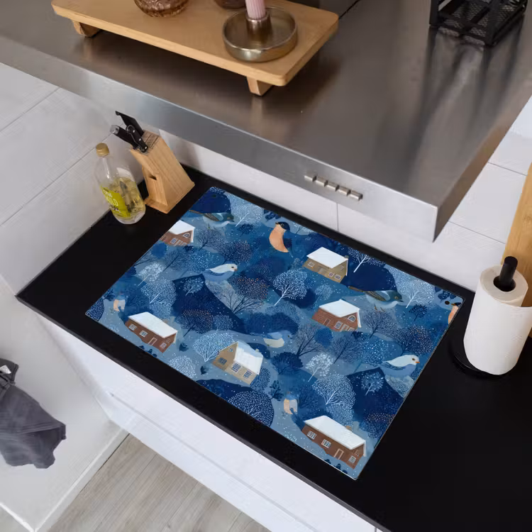 Huisjes - Vogels - Sneeuw - Winter - Blauw Inductie beschemer met haakjes klein 777 -sfeer1
