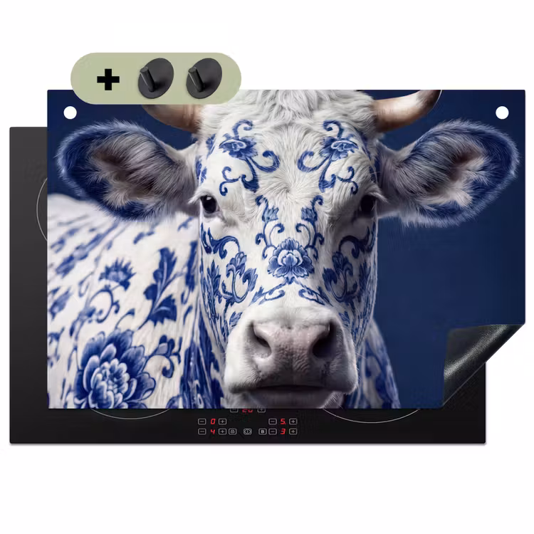 Koe - Delfts - Blauw - Artistiek Inductie beschemer met haakjes klein -3d