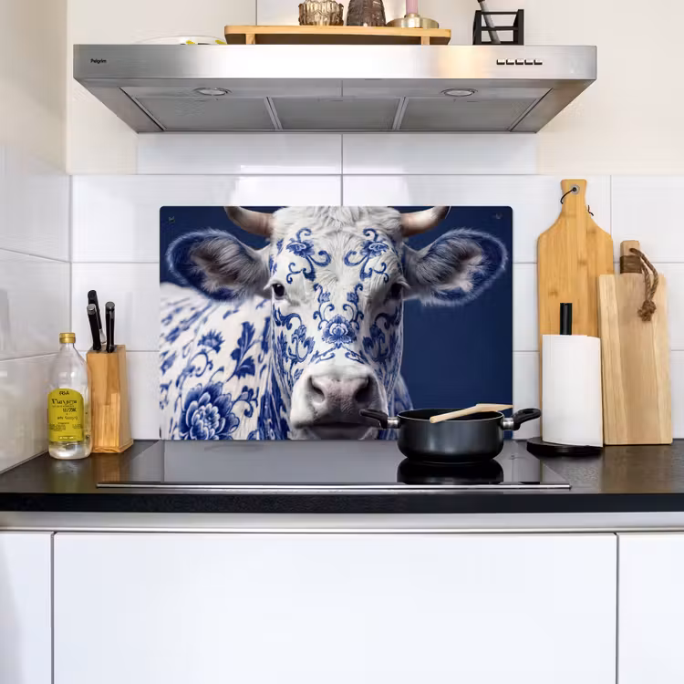 Koe - Delfts - Blauw - Artistiek Inductie beschemer met haakjes klein -sfeer2