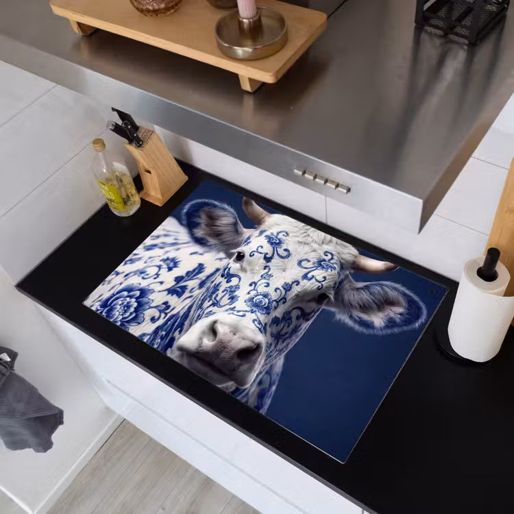 Koe - Delfts - Blauw - Artistiek Inductie beschemer met haakjes klein -sfeer1