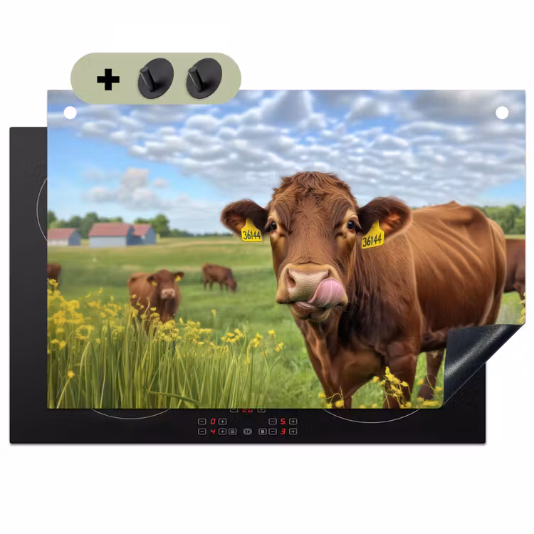 Koe - Weide - Bloemen Inductie beschemer met haakjes klein -3d
