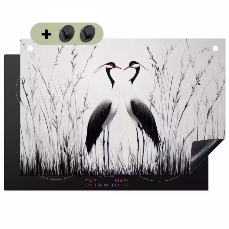 Kraanvogels - Gras - Hartvorm - Zwart Inductie beschemer met haakjes klein -3d