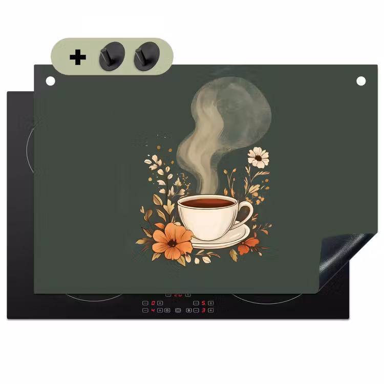 Kop - Bloemen - Groen - Koffie Inductie beschemer met haakjes klein -3d
