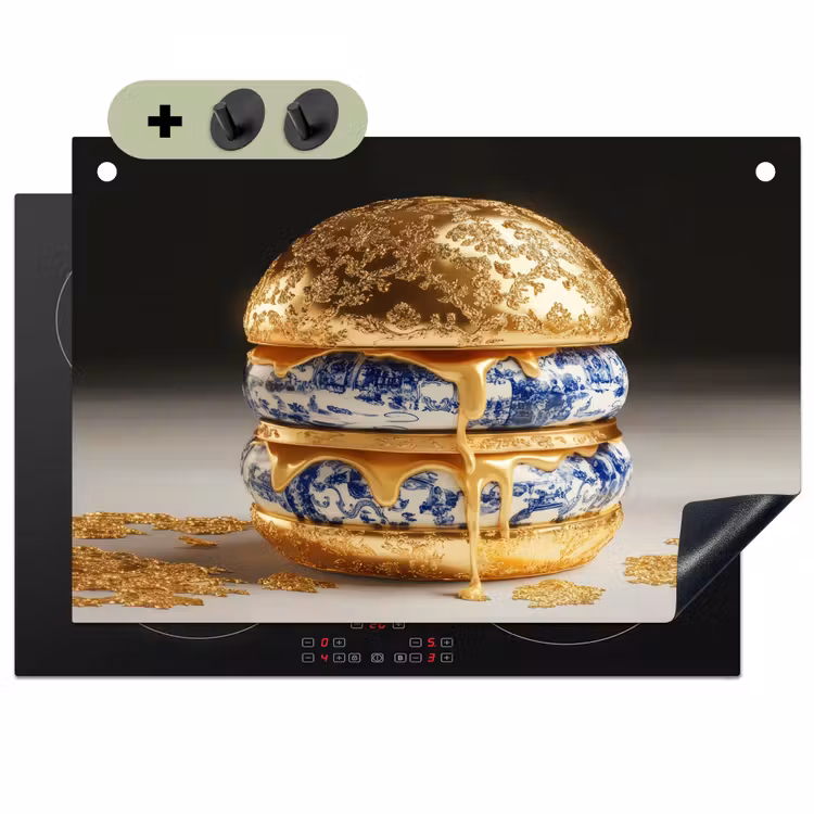 Delftsblauw - Goud - Burger Inductie beschemer met haakjes klein -3d