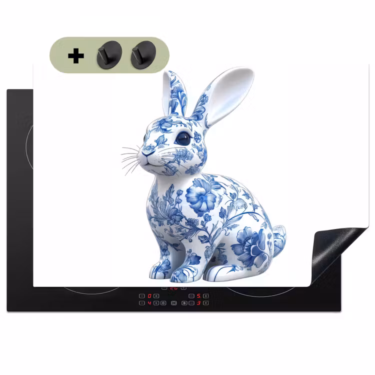 Delftsblauw - Haasje - Wit Inductie beschemer met haakjes klein -3d