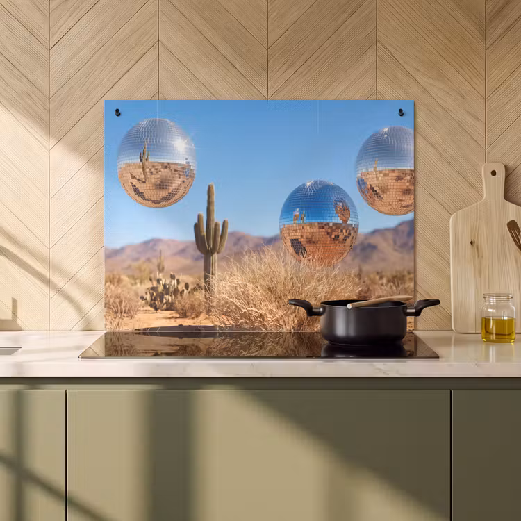 Induction Hob Cover & Splashback (2-in-1) - Desert - Mirror Ball - Art - Woestijn - Spiegelbal - Kunst Inductie beschemer met haakjes klein