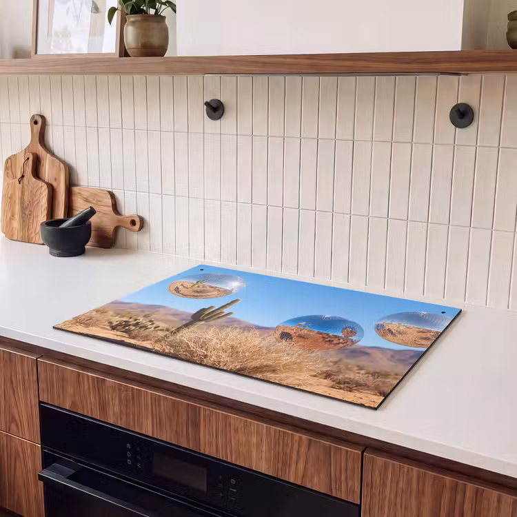 Induction Hob Cover & Splashback (2-in-1) - Desert - Mirror Ball - Art - Woestijn - Spiegelbal - Kunst Inductie beschemer met haakjes klein
