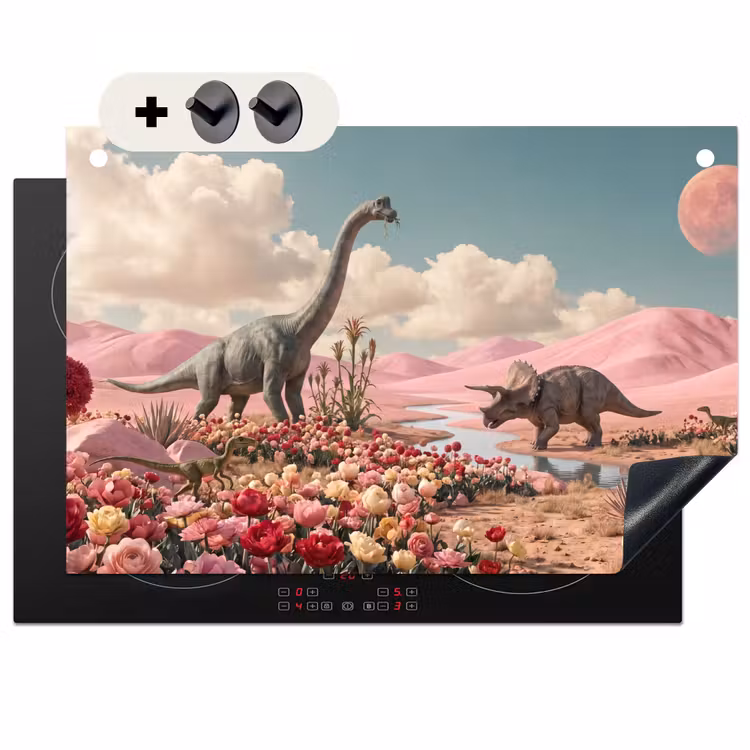 Induction Hob Cover & Splashback (2-in-1) - Dinosaur - Pink - Landscape - Dinosaurus - Roze - Landschap Inductie beschemer met haakjes klein