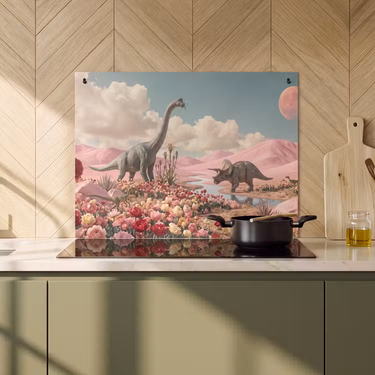 Induction Hob Cover & Splashback (2-in-1) - Dinosaur - Pink - Landscape - Dinosaurus - Roze - Landschap Inductie beschemer met haakjes klein