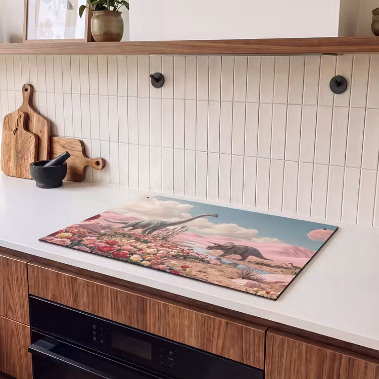 Induction Hob Cover & Splashback (2-in-1) - Dinosaur - Pink - Landscape - Dinosaurus - Roze - Landschap Inductie beschemer met haakjes klein
