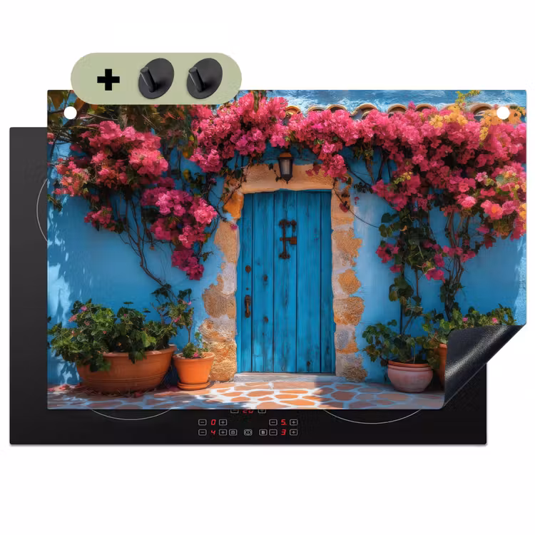 Deur - Hout - Bloemen - Blauw Inductie beschemer met haakjes klein -3d