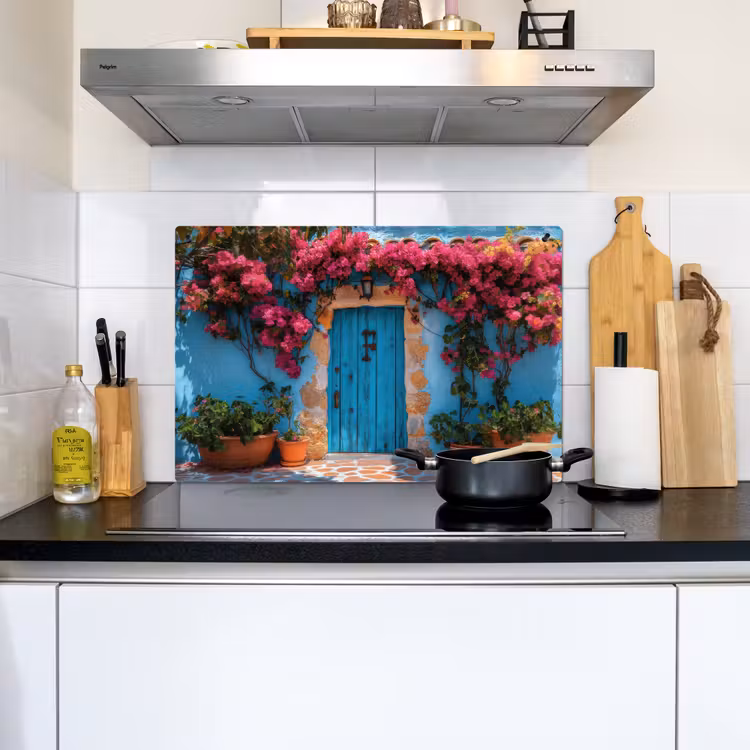 Deur - Hout - Bloemen - Blauw Inductie beschemer met haakjes klein -sfeer2