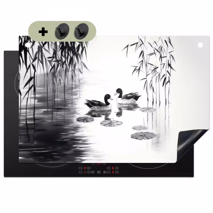 Eenden - Waterlelies - Riet - Zwart Inductie beschemer met haakjes klein -3d