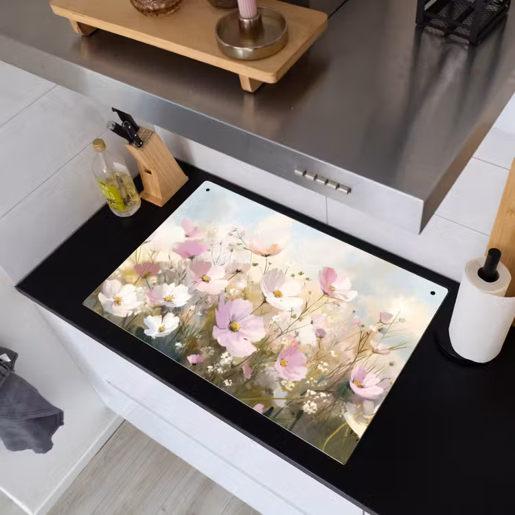 Bloemenveld - Lichte tinten - Geschilderd Inductie beschemer met haakjes klein -sfeer1
