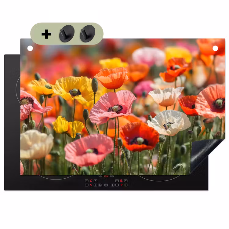 Bloemenveld - Klaprozen - Kleurrijk Inductie beschemer met haakjes klein -3d