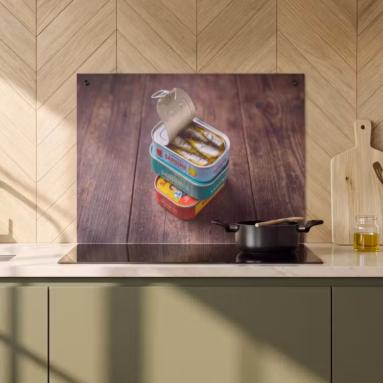 Induction Hob Cover & Splashback (2-in-1) - Fish - Cans - Kitchen - Vis - Blikjes - Keuken Inductie beschemer met haakjes klein
