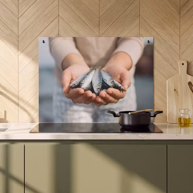 Induction Hob Cover & Splashback (2-in-1) - Fish - Hands - Nature - Vis - Handen - Natuur Inductie beschemer met haakjes klein