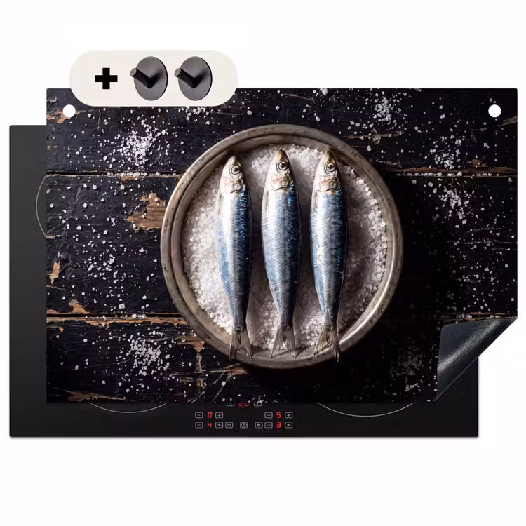 Induction Hob Cover & Splashback (2-in-1) - Fish - Salt - Food - Vis - Zout - Eten Inductie beschemer met haakjes klein
