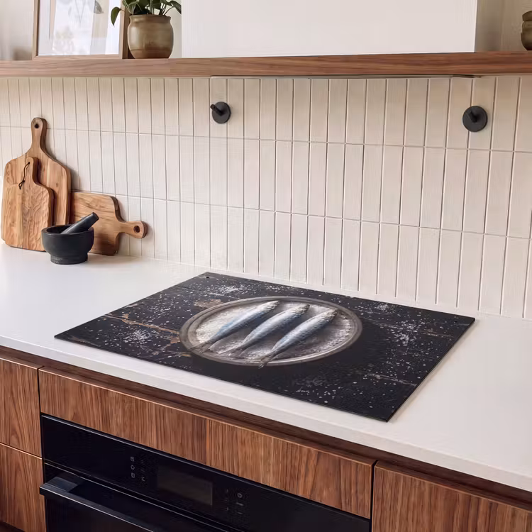 Induction Hob Cover & Splashback (2-in-1) - Fish - Salt - Food - Vis - Zout - Eten Inductie beschemer met haakjes klein