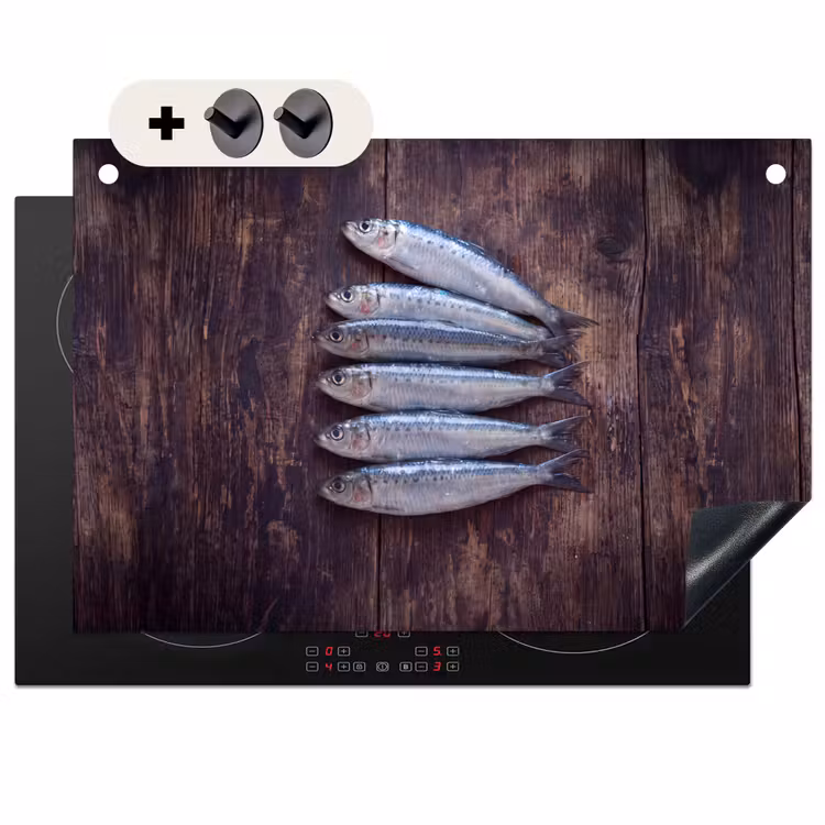 Induction Hob Cover & Splashback (2-in-1) - Fish - Wood - Food - Vis - Hout - Eten Inductie beschemer met haakjes klein