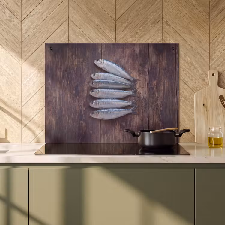 Induction Hob Cover & Splashback (2-in-1) - Fish - Wood - Food - Vis - Hout - Eten Inductie beschemer met haakjes klein