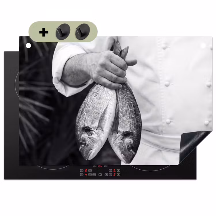 Vissen - Chef - Zwart - Wit Inductie beschemer met haakjes klein -3d
