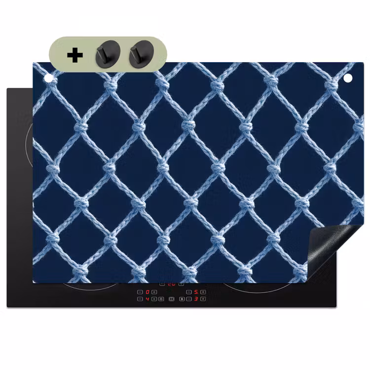 Visnet - Touw - Patroon - Marineblauw Inductie beschemer met haakjes klein 777 -3d