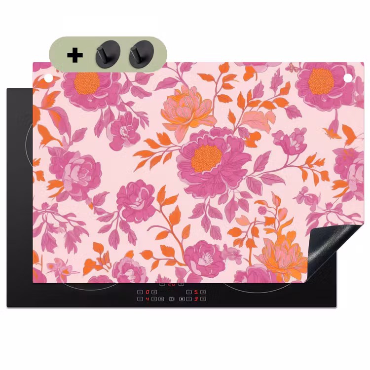 Bloemenpatroon - Roze - Oranje - Bloemen Inductie beschemer met haakjes klein -3d