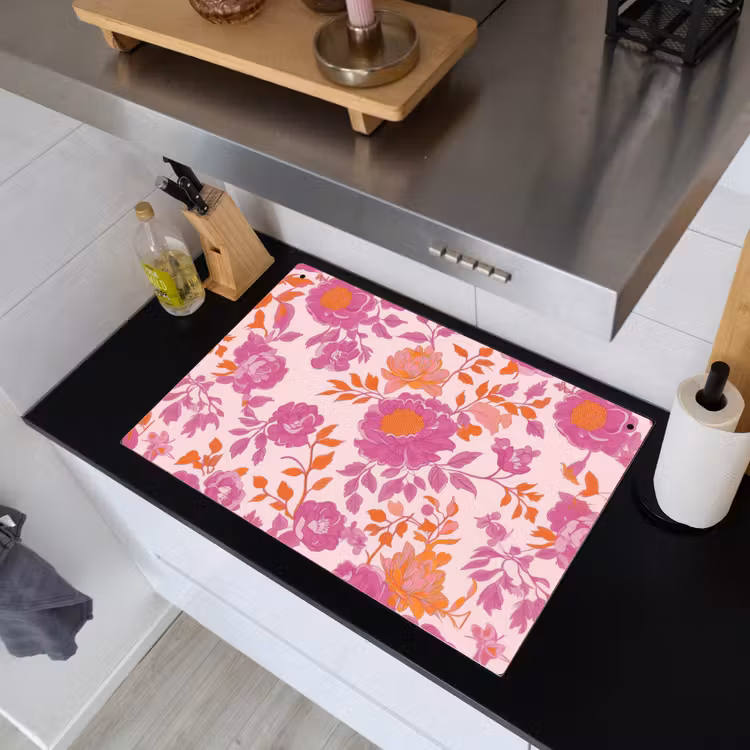 Bloemenpatroon - Roze - Oranje - Bloemen Inductie beschemer met haakjes klein -sfeer1