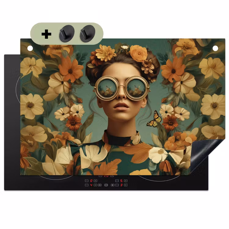 Bloemenkrans - Vrouwengezicht - Zonnebril - Oranje Inductie beschemer met haakjes klein -3d