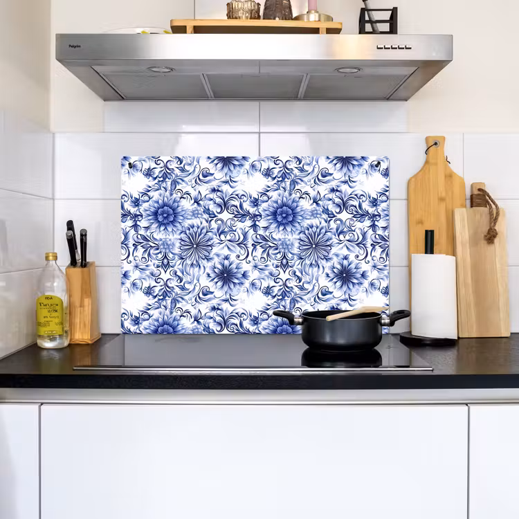 Bloemen - Blauw - Patroon - Wit Inductie beschemer met haakjes klein 777 -sfeer2