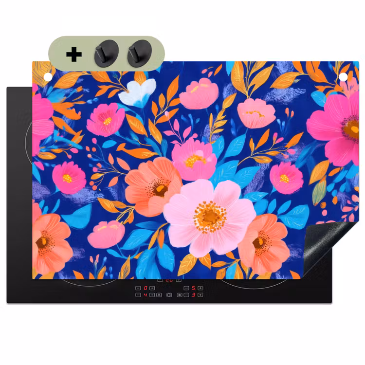 Bloemen - Blauw - Roze Inductie beschemer met haakjes klein -3d