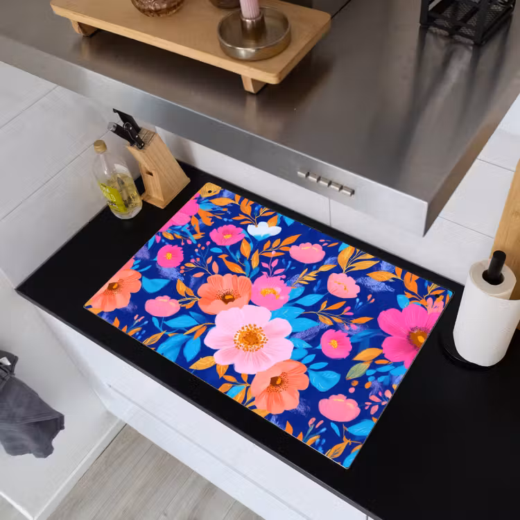 Bloemen - Blauw - Roze Inductie beschemer met haakjes klein -sfeer1
