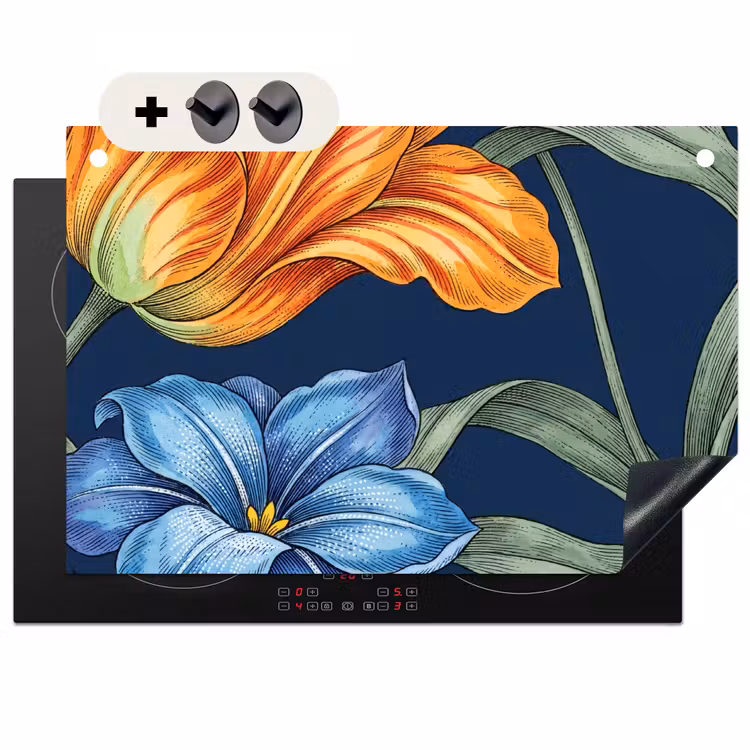 Induction Hob Cover & Splashback (2-in-1) - Flowers - Botanical - Pattern - Bloemen - Botanisch - Patroon Inductie beschemer met haakjes klein