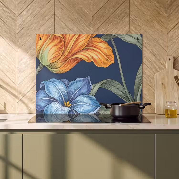 Induction Hob Cover & Splashback (2-in-1) - Flowers - Botanical - Pattern - Bloemen - Botanisch - Patroon Inductie beschemer met haakjes klein