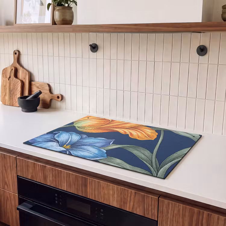Induction Hob Cover & Splashback (2-in-1) - Flowers - Botanical - Pattern - Bloemen - Botanisch - Patroon Inductie beschemer met haakjes klein