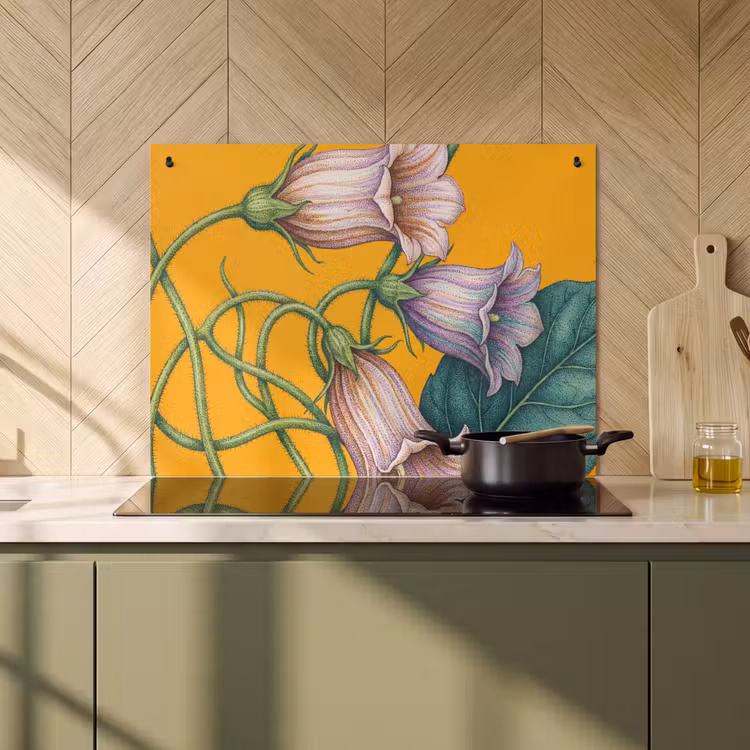 Induction Hob Cover & Splashback (2-in-1) - Flowers - Botanical - Yellow - Bloemen - Botanisch - Geel Inductie beschemer met haakjes klein