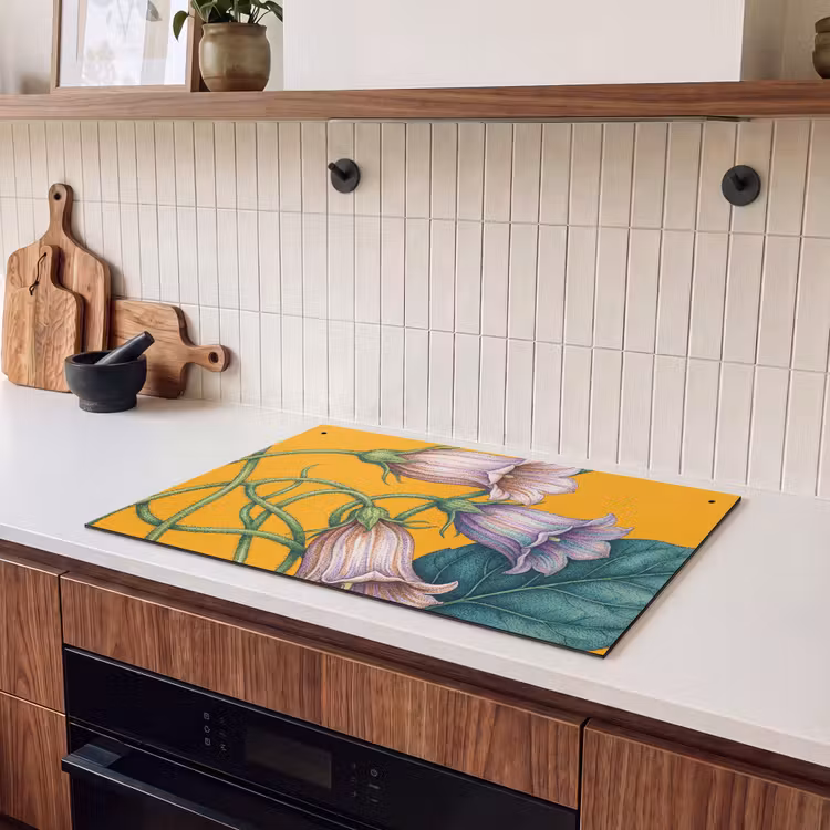 Induction Hob Cover & Splashback (2-in-1) - Flowers - Botanical - Yellow - Bloemen - Botanisch - Geel Inductie beschemer met haakjes klein